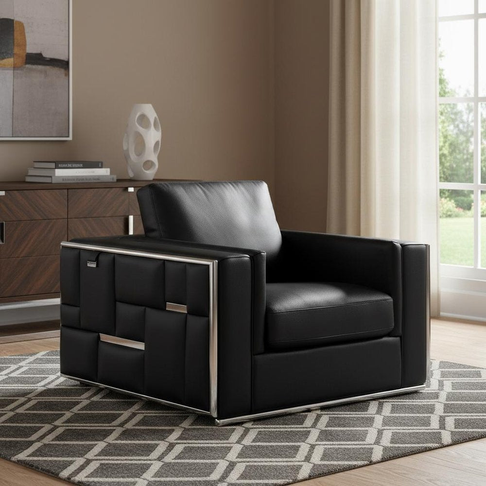 47" Black And Silver Top Grain Leather Club Chair HomeRoots