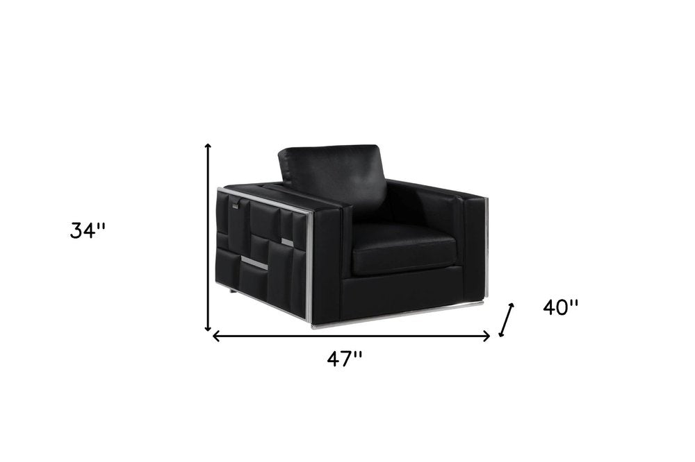 47" Black And Silver Top Grain Leather Club Chair HomeRoots