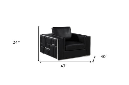 47" Black And Silver Top Grain Leather Club Chair HomeRoots