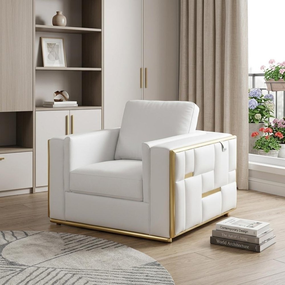 47" White And Gold Top Grain Leather Club Chair HomeRoots