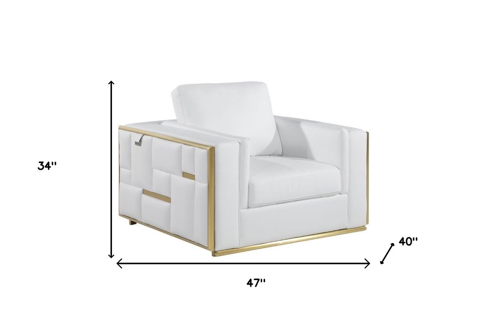 47" White And Gold Top Grain Leather Club Chair HomeRoots