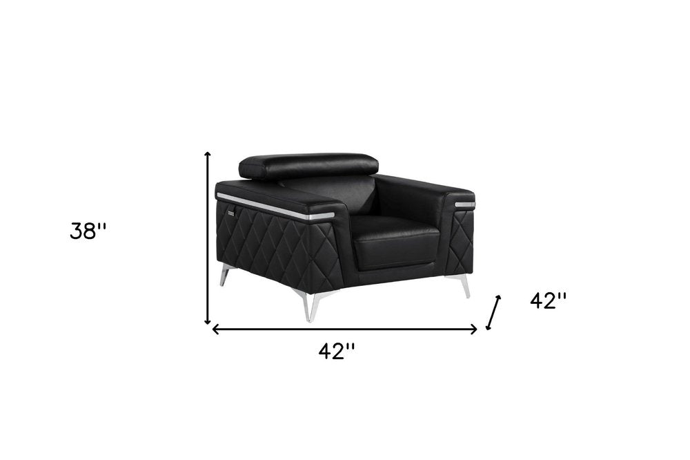 42" Black And Silver Top Grain Leather Club Chair HomeRoots