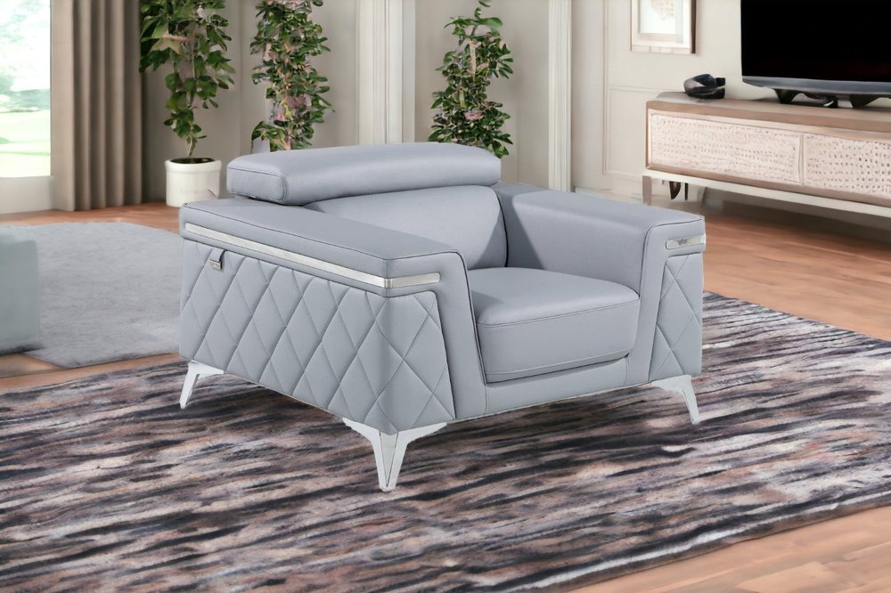 42" Light Gray And Silver Top Grain Leather Club Chair HomeRoots