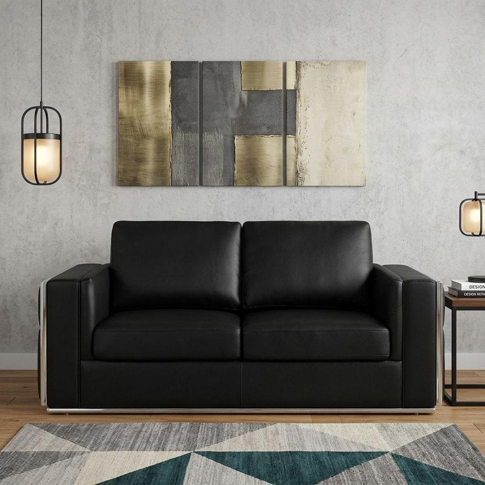 73" Black And Silver Metallic Top Grain Leather Loveseat HomeRoots