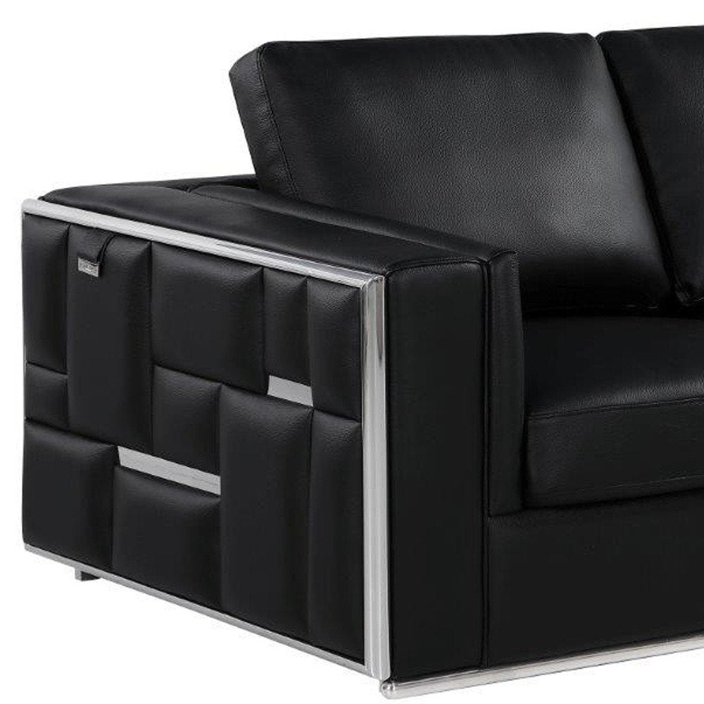 73" Black And Silver Metallic Top Grain Leather Loveseat HomeRoots