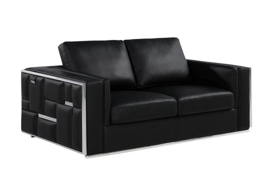 73" Black And Silver Metallic Top Grain Leather Loveseat HomeRoots