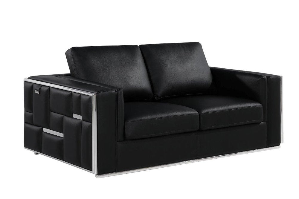 73" Black And Silver Metallic Top Grain Leather Loveseat HomeRoots