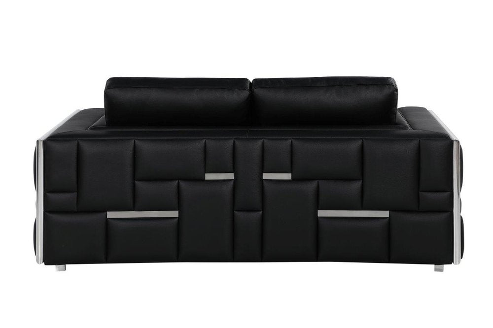 73" Black And Silver Metallic Top Grain Leather Loveseat HomeRoots
