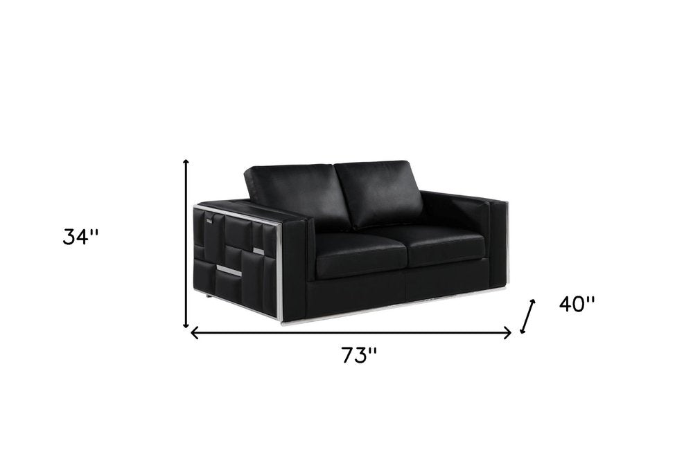 73" Black And Silver Metallic Top Grain Leather Loveseat HomeRoots
