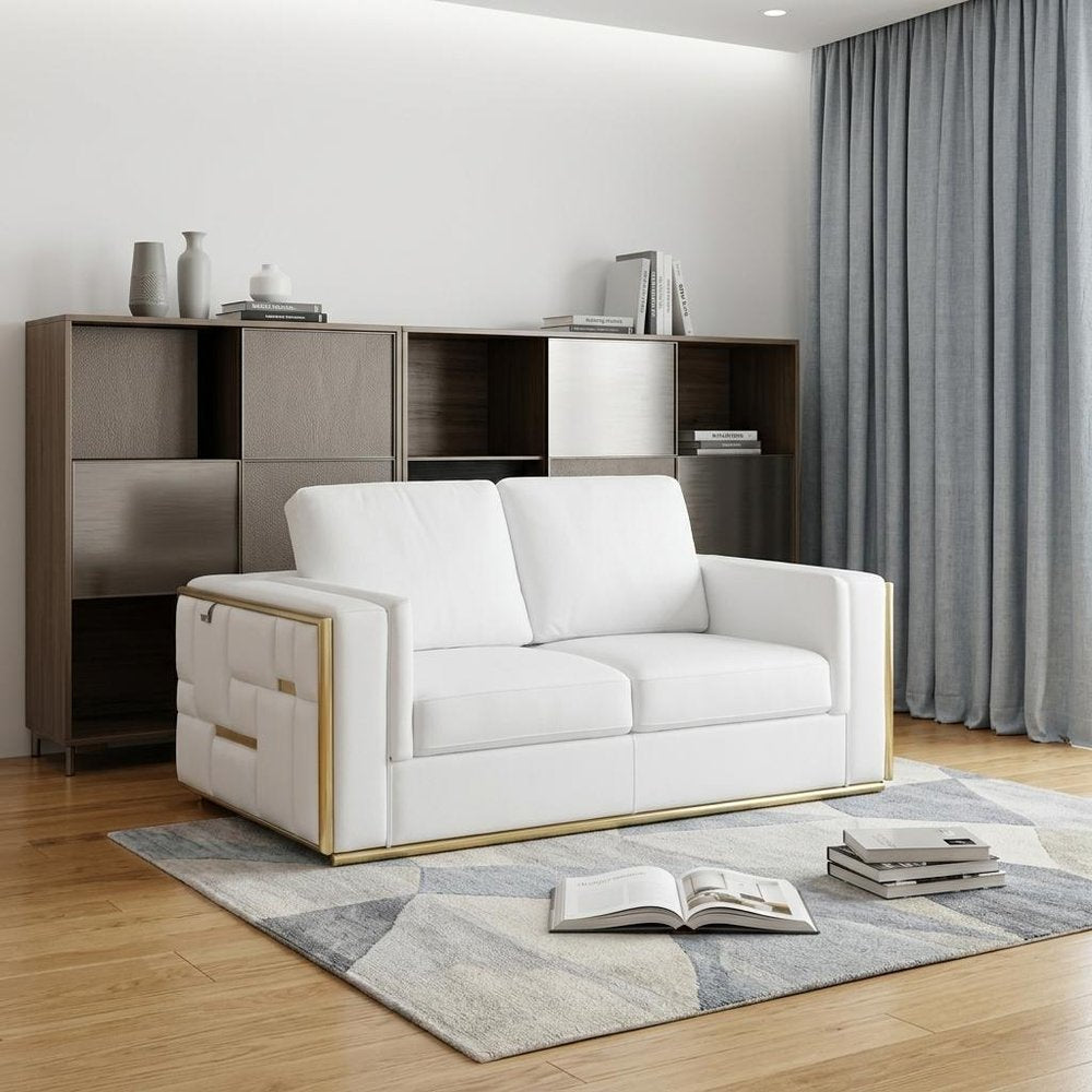 73" White And Silver Metallic Top Grain Leather Loveseat HomeRoots