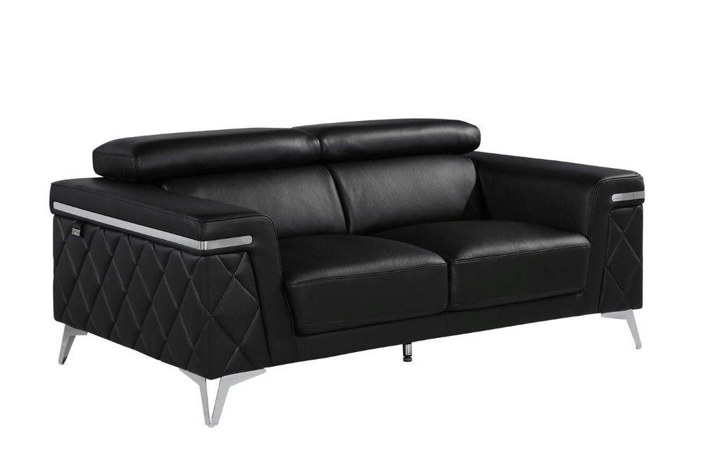 70" Black And Silver Metallic Top Grain Leather Loveseat HomeRoots