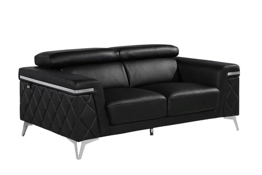 70" Black And Silver Metallic Top Grain Leather Loveseat HomeRoots