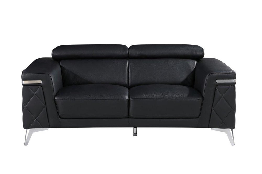 70" Black And Silver Metallic Top Grain Leather Loveseat HomeRoots