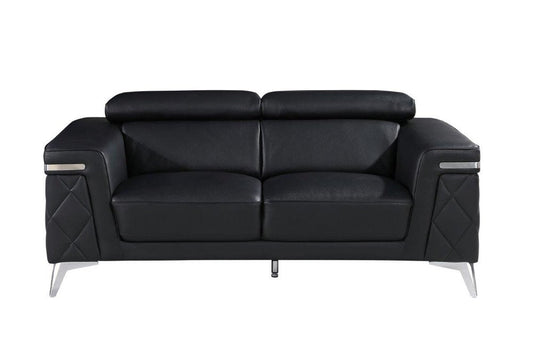 70" Black And Silver Metallic Top Grain Leather Loveseat HomeRoots