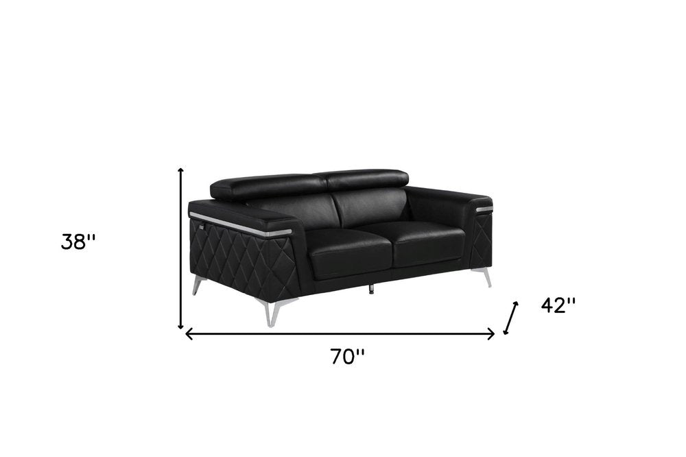 70" Black And Silver Metallic Top Grain Leather Loveseat HomeRoots