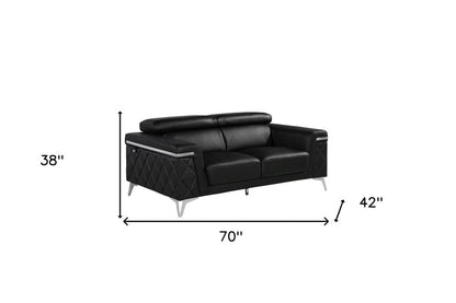 70" Black And Silver Metallic Top Grain Leather Loveseat HomeRoots