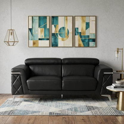70" Black And Silver Metallic Top Grain Leather Loveseat HomeRoots