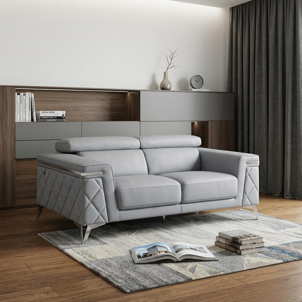 70" Light Blue And Silver Metallic Top Grain Leather Loveseat HomeRoots