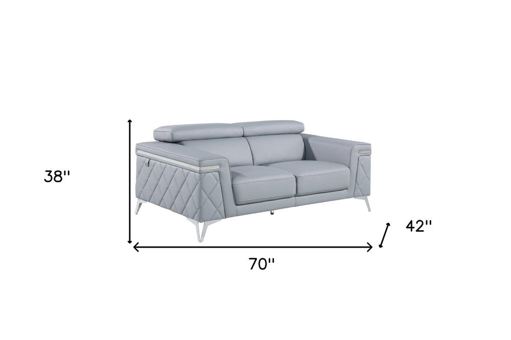 70" Light Blue And Silver Metallic Top Grain Leather Loveseat HomeRoots
