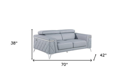 70" Light Blue And Silver Metallic Top Grain Leather Loveseat HomeRoots