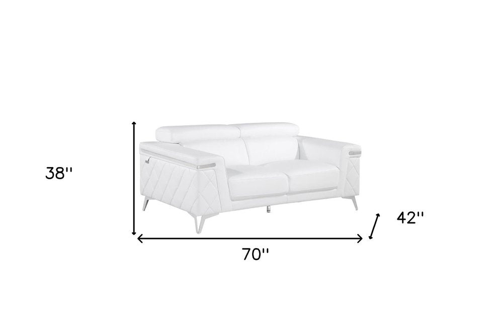 70" White And Silver Metallic Top Grain Leather Loveseat HomeRoots