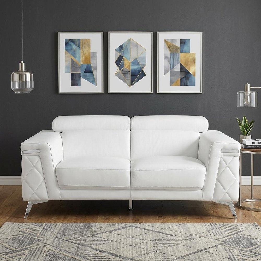 70" White And Silver Metallic Top Grain Leather Loveseat HomeRoots