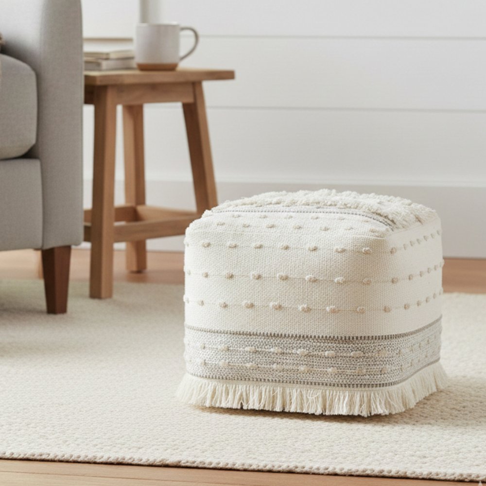 18" Cream Cotton Striped Pouf Ottoman HomeRoots