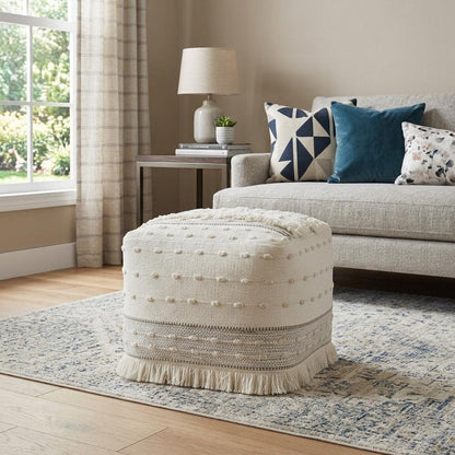 18" Cream Cotton Striped Pouf Ottoman HomeRoots