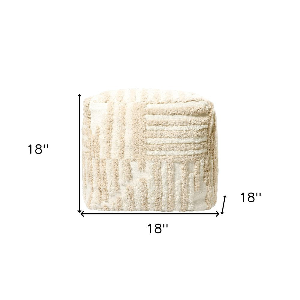 18" Beige Cotton Cube Striped Pouf Ottoman HomeRoots
