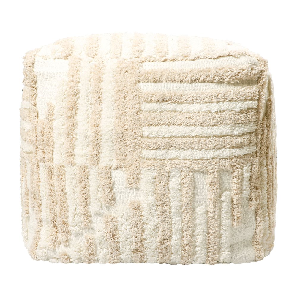 18" Beige Cotton Cube Striped Pouf Ottoman HomeRoots