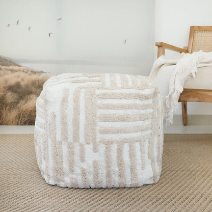 18" Beige Cotton Cube Striped Pouf Ottoman HomeRoots