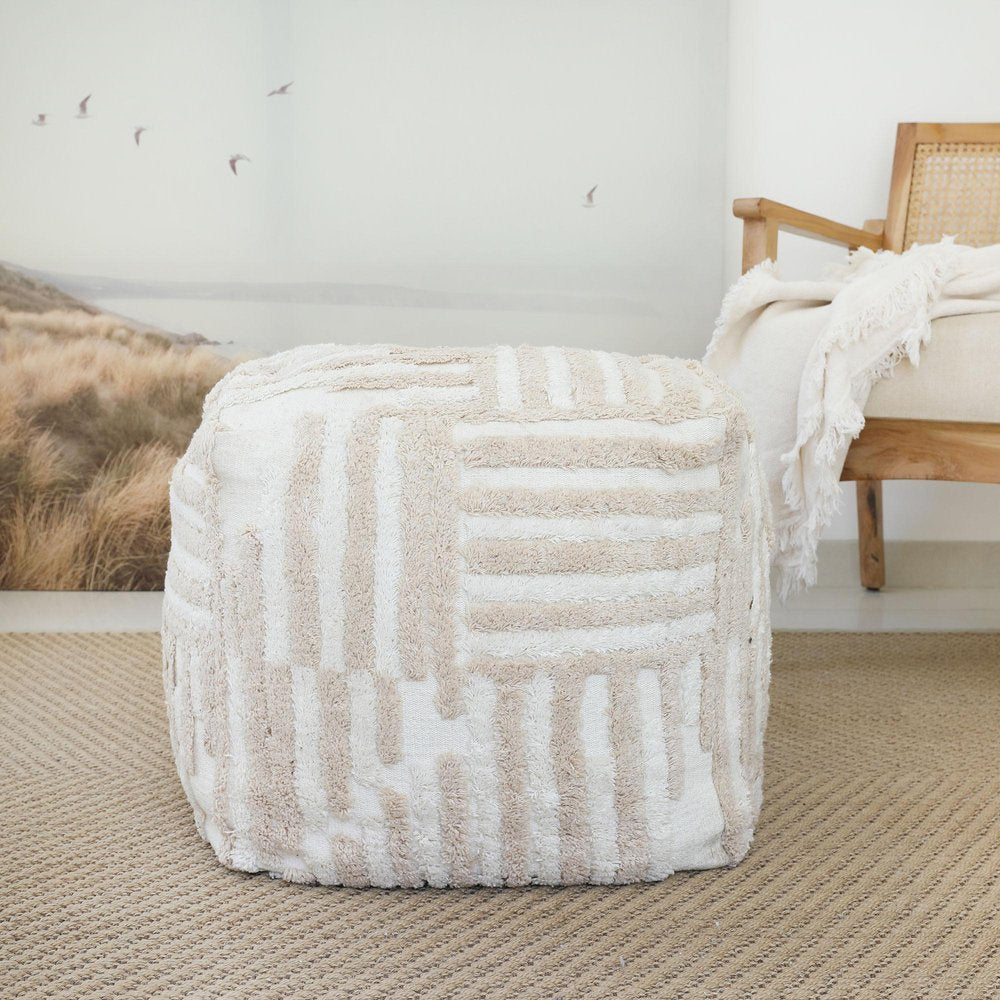 18" Beige Cotton Cube Striped Pouf Ottoman HomeRoots