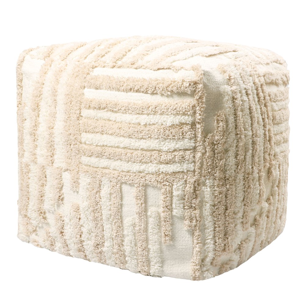 18" Beige Cotton Cube Striped Pouf Ottoman HomeRoots