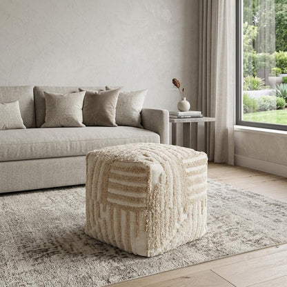18" Beige Cotton Cube Striped Pouf Ottoman HomeRoots