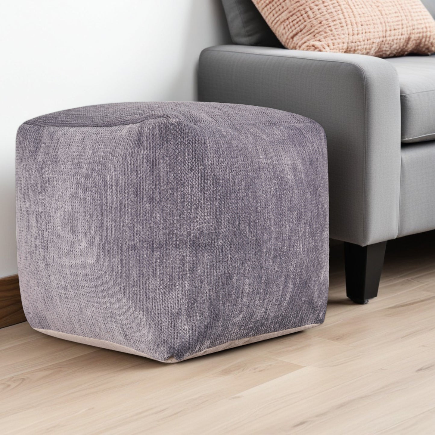 18" Gray Chenille Cube Pouf Ottoman