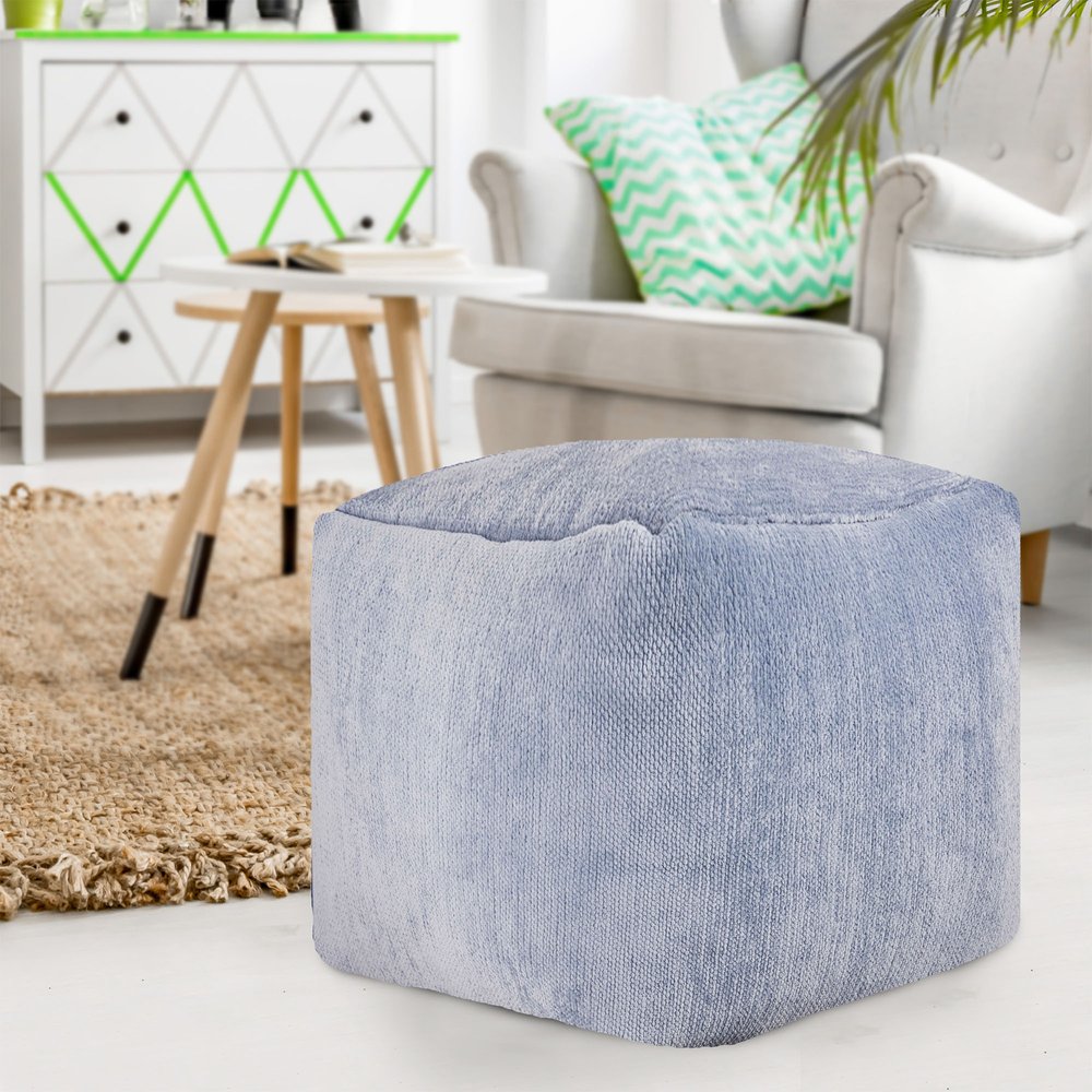 18" Blue Chenille Cube Pouf Ottoman HomeRoots