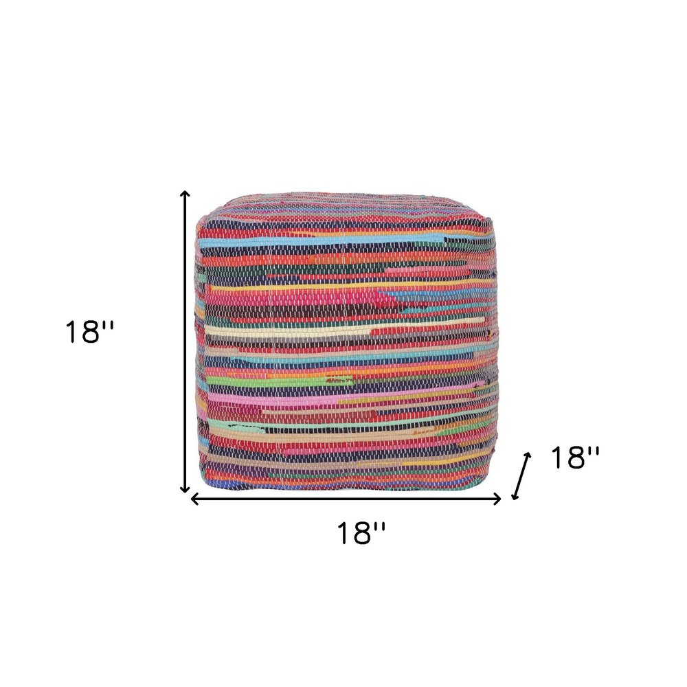18" Red And Black Cotton Cube Striped Pouf Ottoman HomeRoots