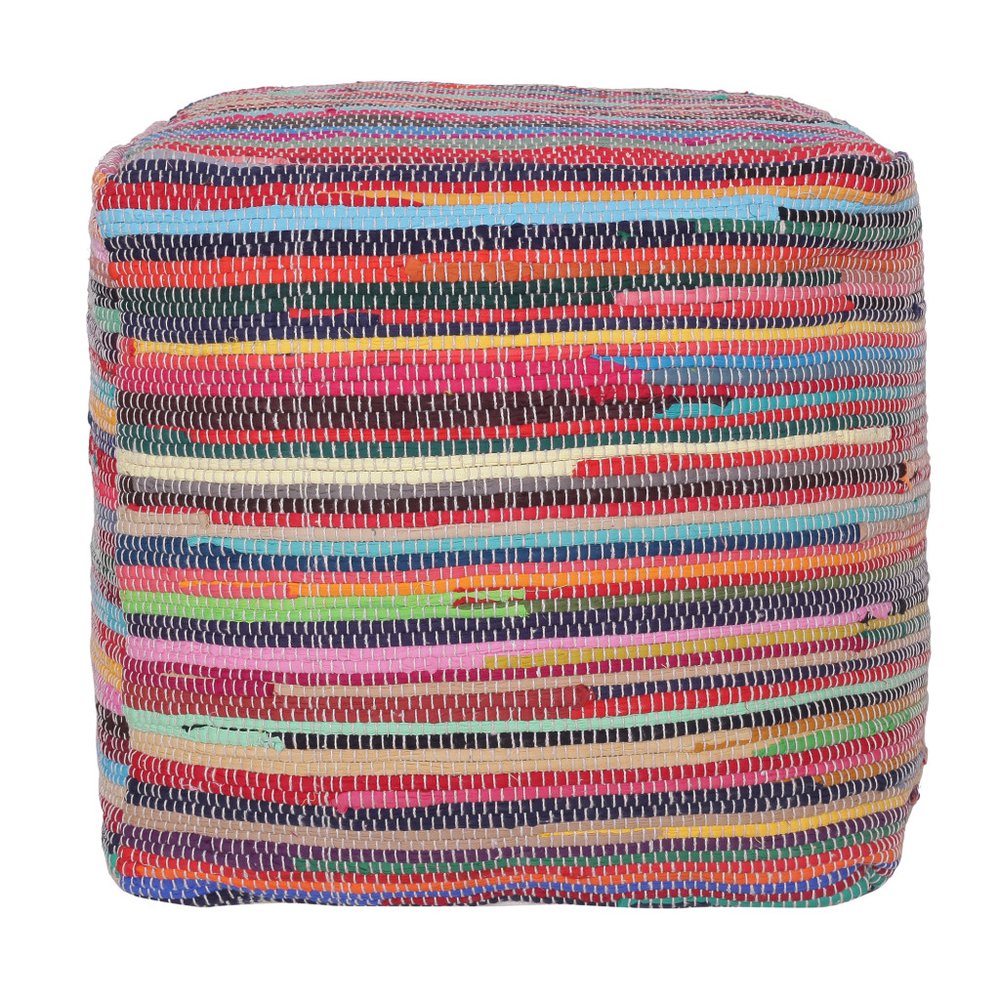 18" Red And Black Cotton Cube Striped Pouf Ottoman HomeRoots