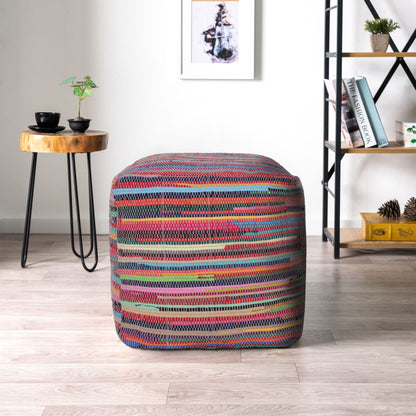 18" Red Cotton Cube Striped Pouf Ottoman