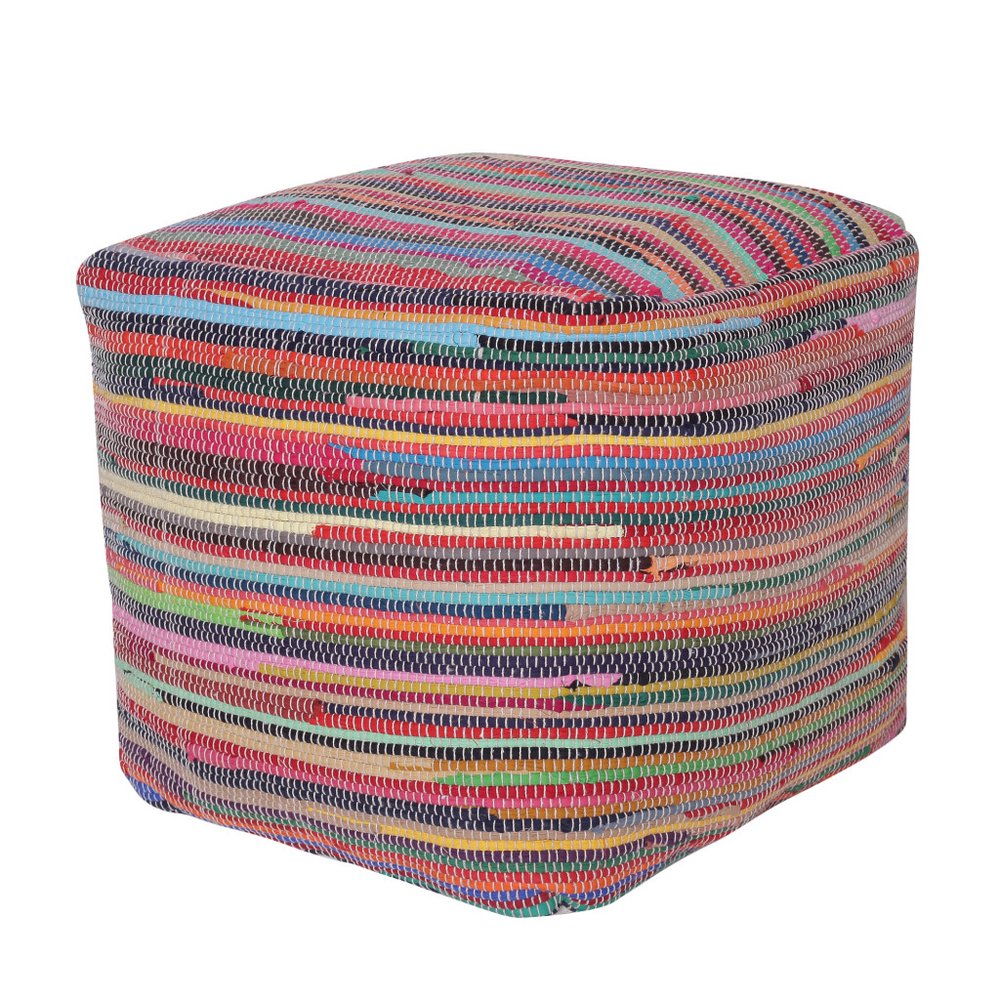 18" Red And Black Cotton Cube Striped Pouf Ottoman HomeRoots