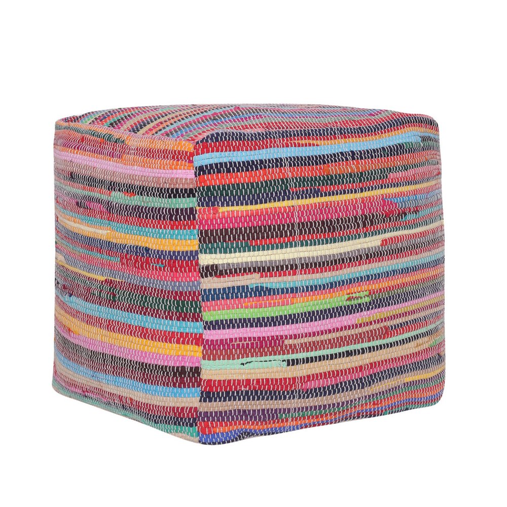 18" Red And Black Cotton Cube Striped Pouf Ottoman HomeRoots