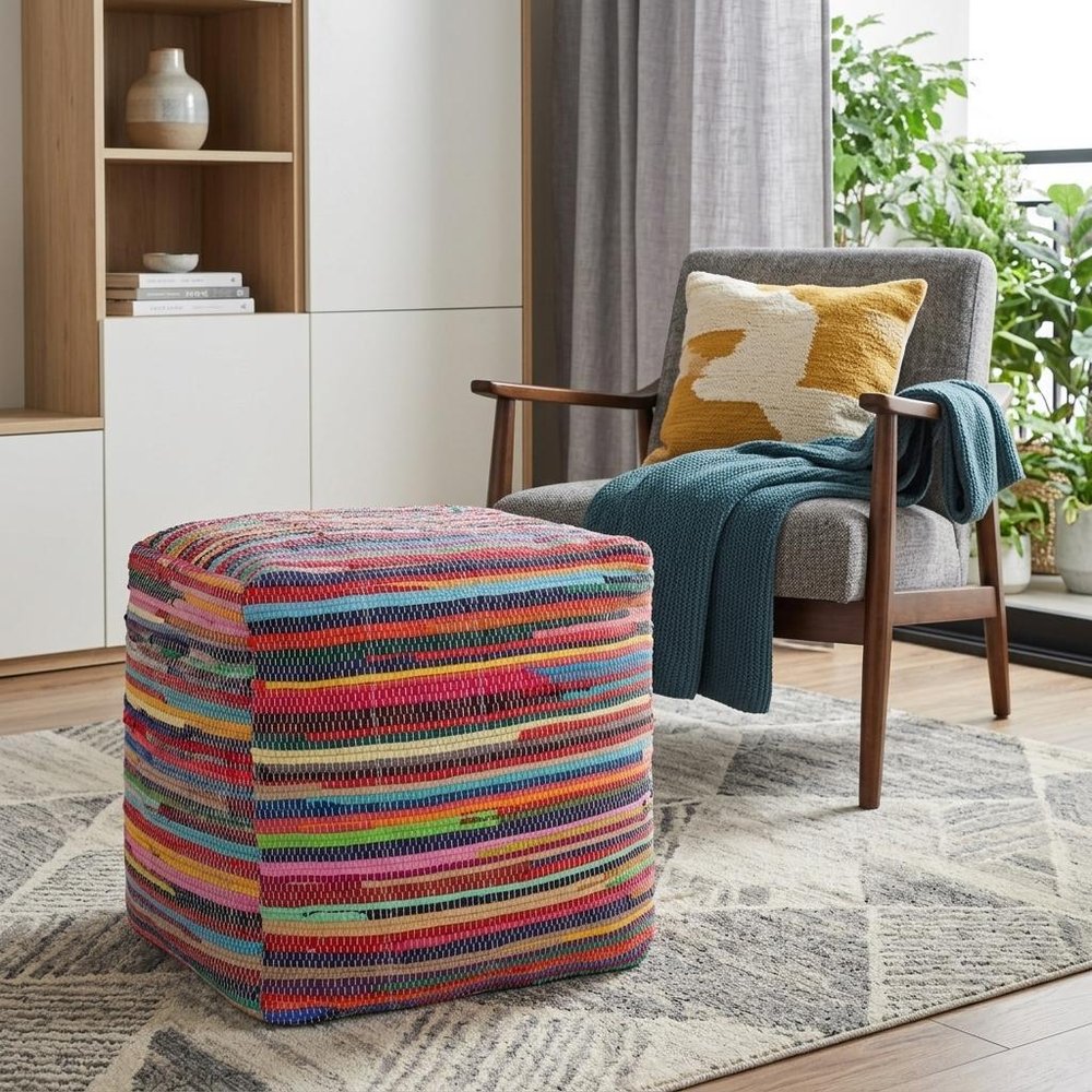 18" Red And Black Cotton Cube Striped Pouf Ottoman HomeRoots