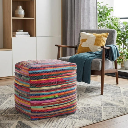 18" Red And Black Cotton Cube Striped Pouf Ottoman HomeRoots