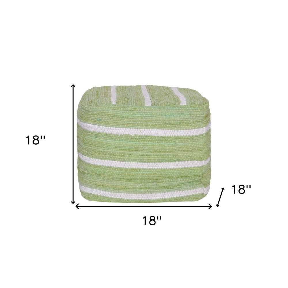 18" Green and White Cotton Striped Cube Pouf Ottoman HomeRoots