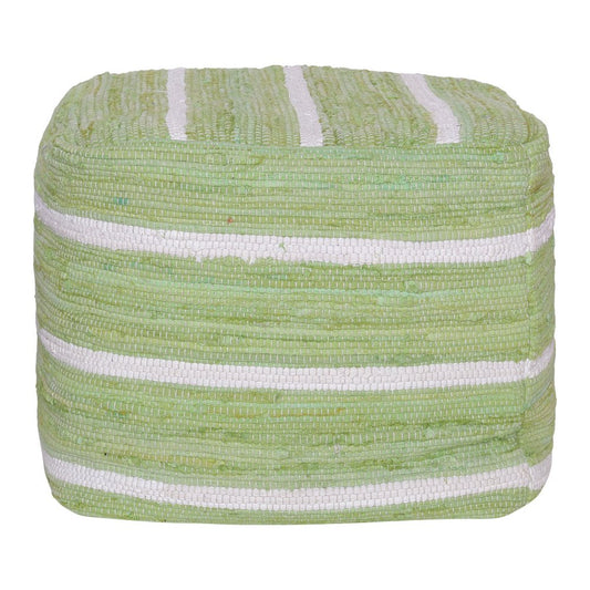 18" Green and White Cotton Striped Cube Pouf Ottoman HomeRoots