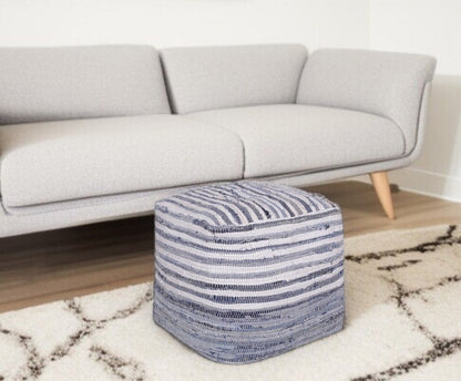 18" Blue and White Cotton Striped Cube Pouf Ottoman HomeRoots