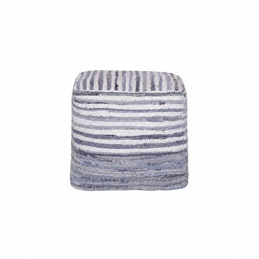 18" Blue and White Cotton Striped Cube Pouf Ottoman HomeRoots
