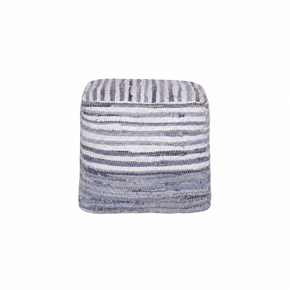 18" Blue and White Cotton Striped Cube Pouf Ottoman HomeRoots
