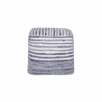 18" Blue and White Cotton Striped Cube Pouf Ottoman HomeRoots