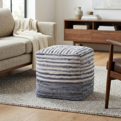 18" Blue and White Cotton Striped Cube Pouf Ottoman HomeRoots